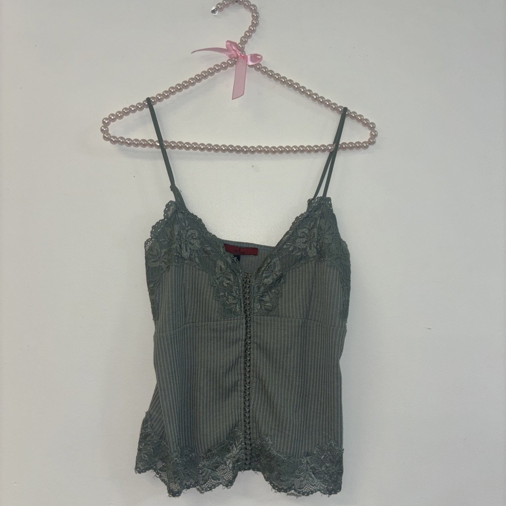 green BKE Women's Tank Cami Lace Sz Sm 70s Y2K Funky Fairy Event Concert Ribbed